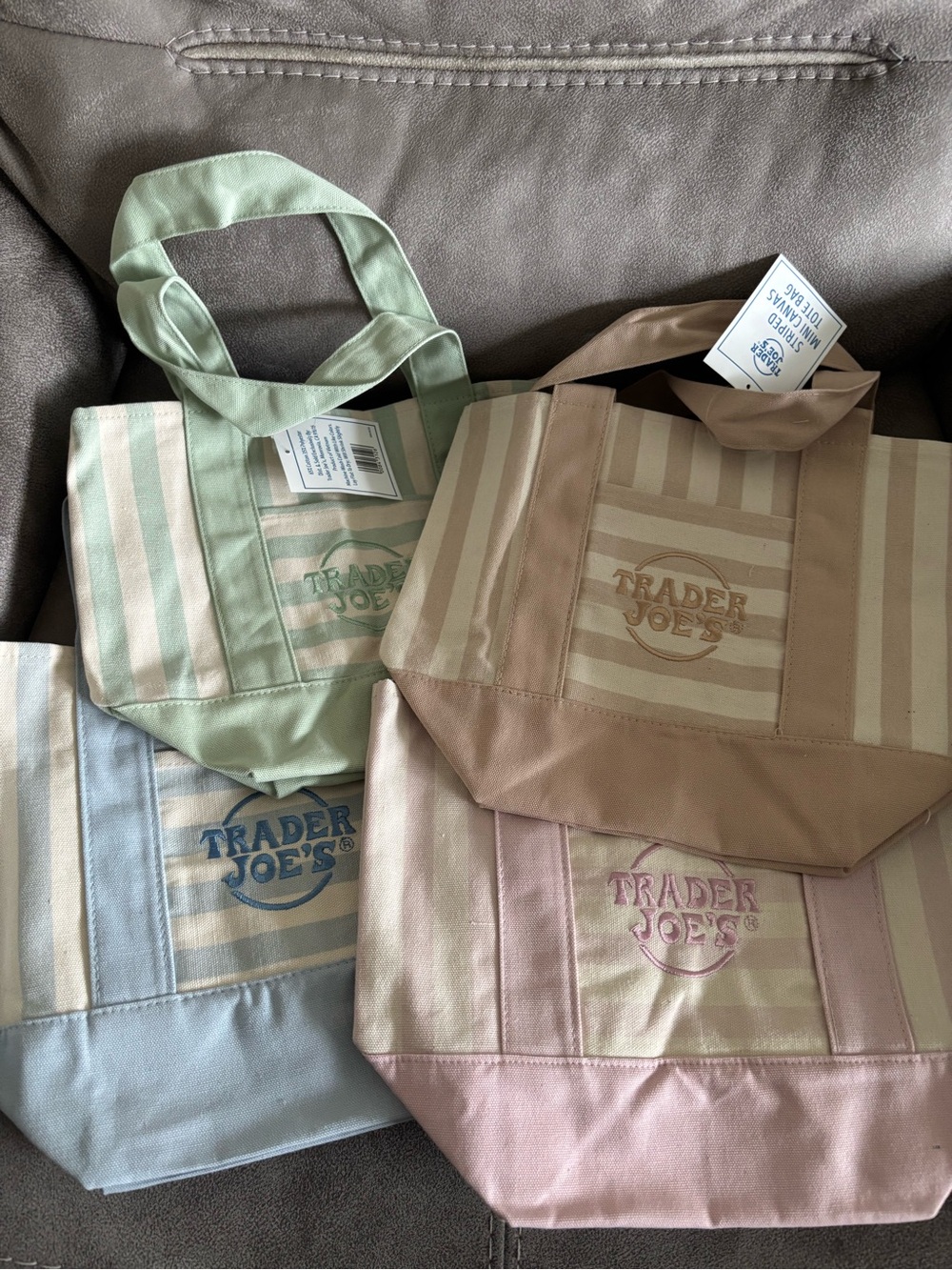 Trader Joe's Pastel Stripe Mini Canvas Tote Bag - Pink, Blue, Mint and Tan - Picture 2 of 2